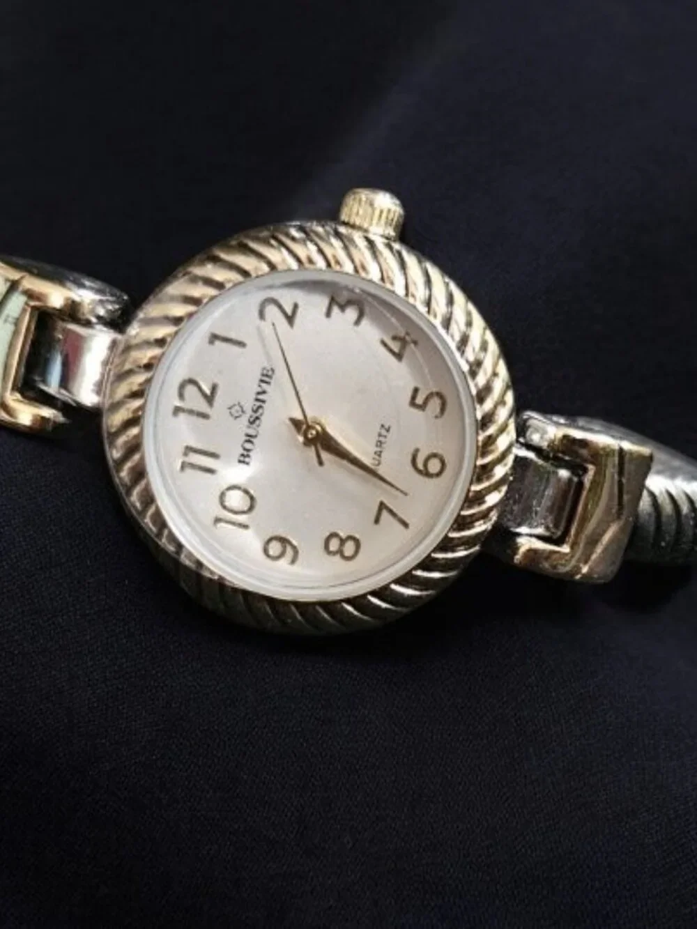 BOUSSIVIE Silver and Goldtone Ladies Hinged Clamper Quartz Cuff Bracelet Watch